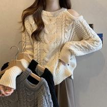 Temperament round neck design off-the-shoulder sweater for women autumn and winter casual loose slim versatile knitted top for little people