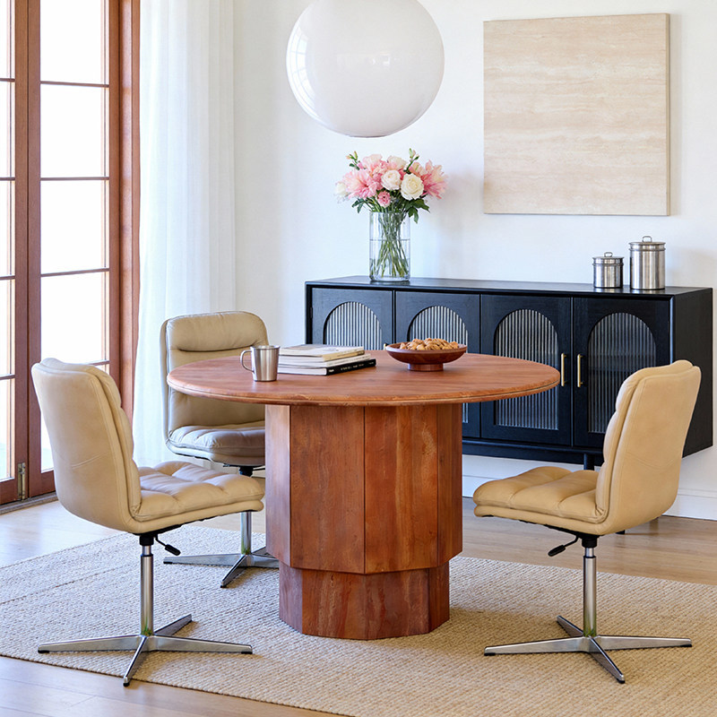Retro Wabi-Sabi Style Natural Travertine Dining Table, Round Marble Luxury Stone Table for Small Apartments, High-End Feel Retro Wabi-Sabi Style Natural Travertine Dining Table, Round Marble Luxury Stone Table for Small Apartments, High-End Feel