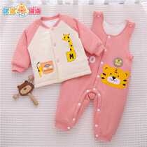 Newborn baby cotton-padded coat and pants suit one-year-old baby suspender pants autumn and winter quilted thickened winter two-piece set