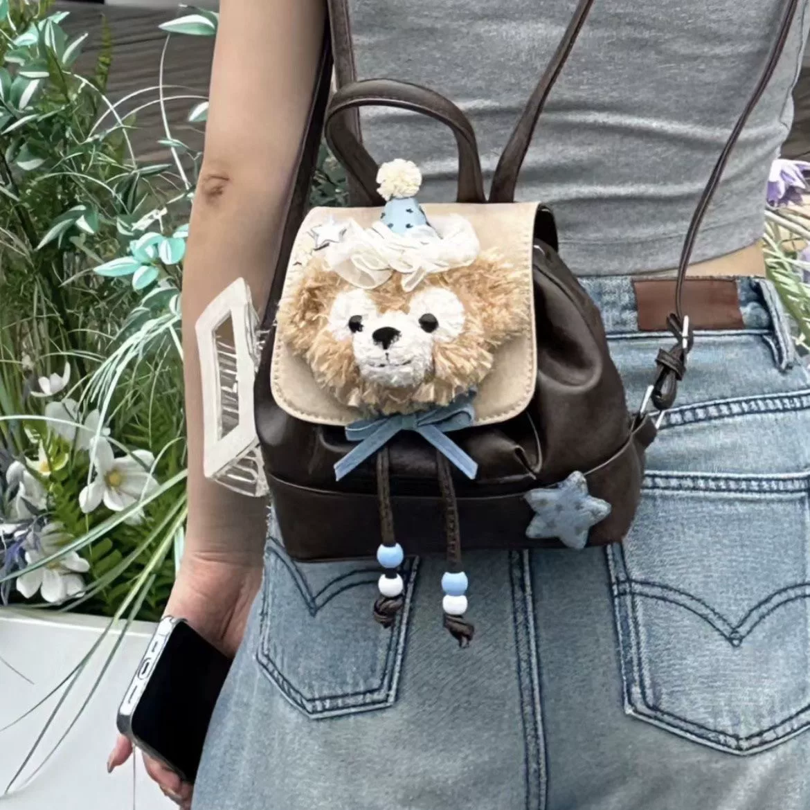 Acrylic small cute small bag, backpack, brown shoulder bag, doll