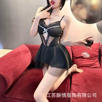 Suqings new sexy and interesting nightgown sexy suspender mesh hollow backless temptation nightgown no need to take off uniform suit