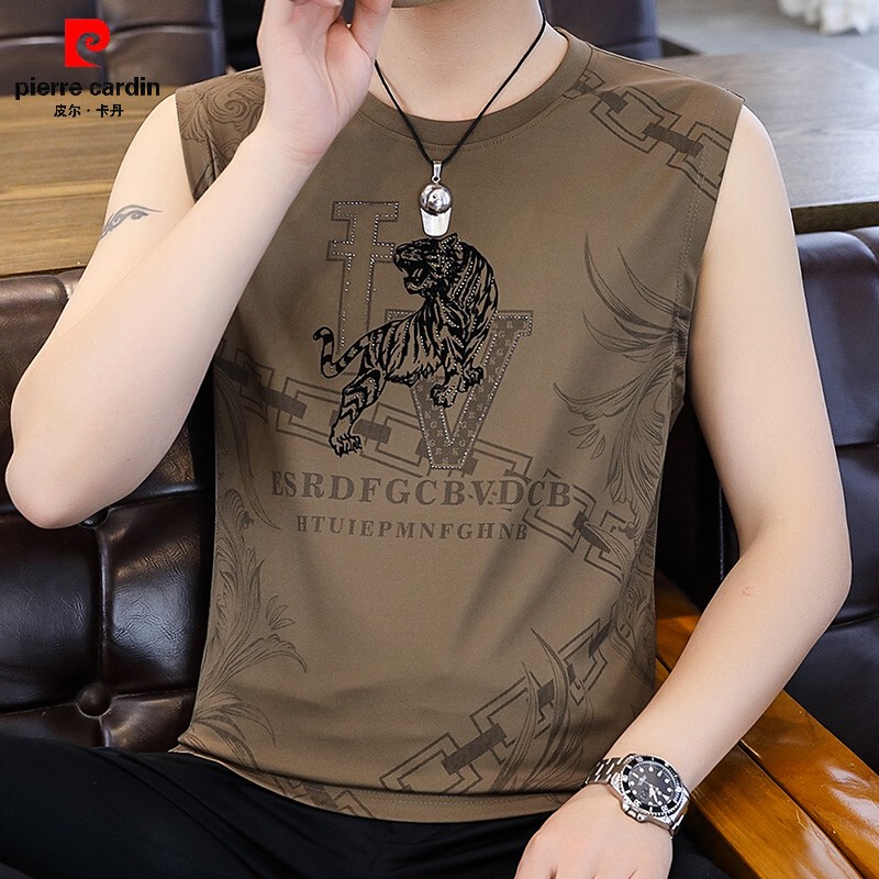 Pierre Cardin Ice Silk Sleeveless T-Shirt for Men 2026 Summer New Jacquard Vest Plus Size Quick-Drying Men's Clothing