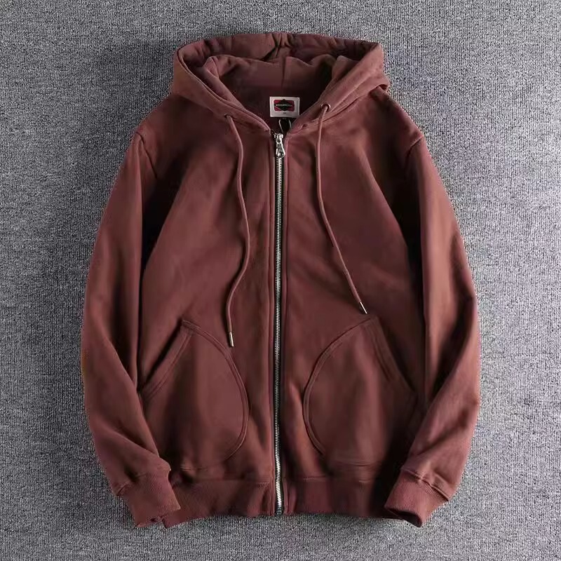 Distressed Washed Vintage Heavy Fleece-Lined Thick Hooded Sweatshirt Casual Long-Sleeve Hoodie Jacket Men's Japanese Style Zip-Up Shirt