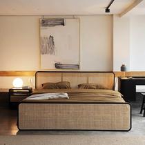 黑色落地藤编床北欧实木床复古藤艺双人床主卧1 8米民宿小户型床