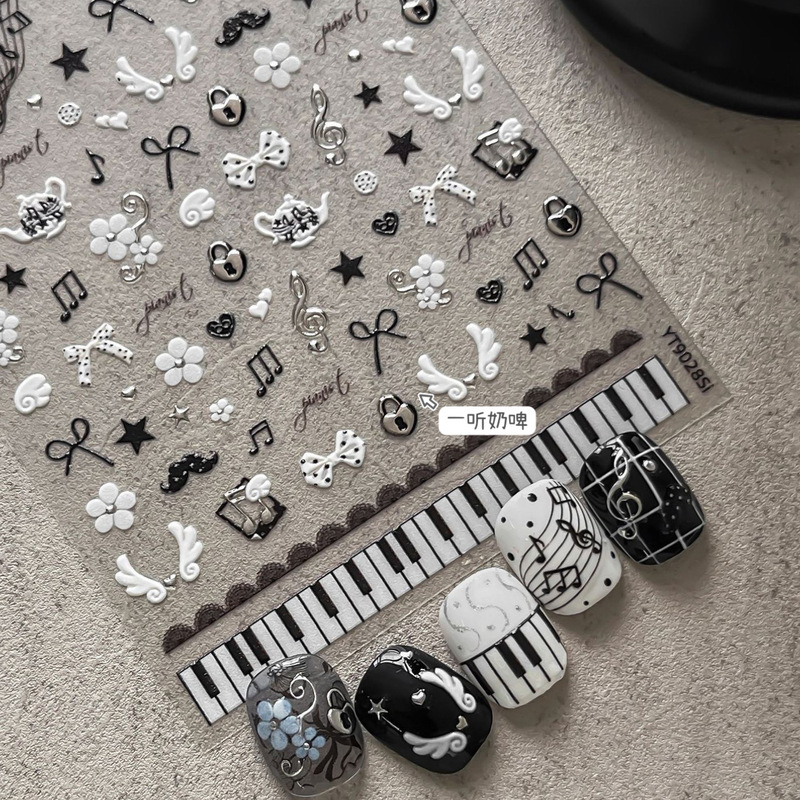 Popular Sweet and Cool Piano Black and White Musical Note Embossed Nail Stickers Lace Bow Pure Desire DIY Nail Decoration
