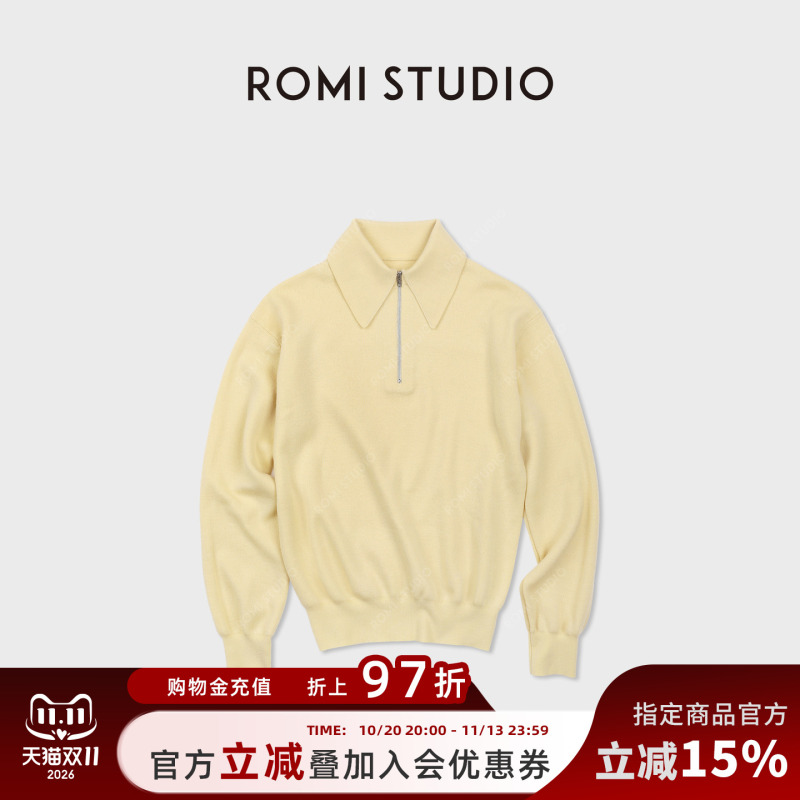 Romi Studio 100% European Merino Wool Half-Zip Polo Collar Casual Sweater Rwcwst7195
