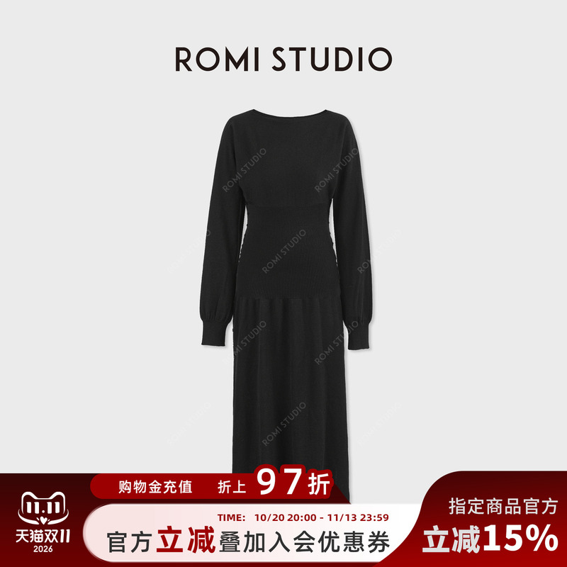 Romi Studio Wool and Nylon Blend Long-Sleeved Dress with Side Slits for Women in Autumn Rwdsl62175