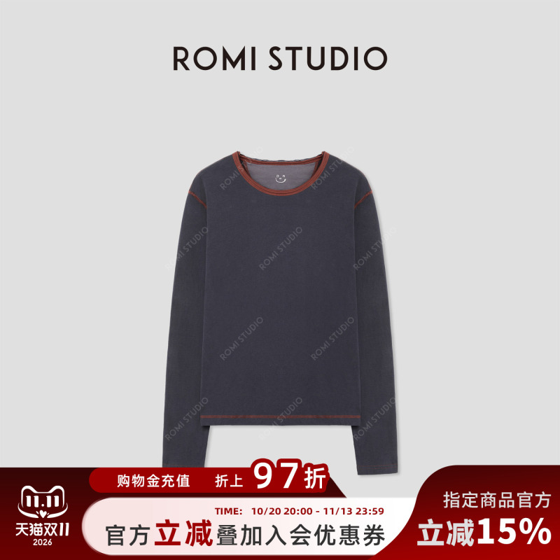 Romi Studio Contrasting Color Trim Comfortable Pure Cotton Long-Sleeved Round Neck T-Shirt Top for Women Autumn Rwcasu5423 Romi Studio Contrasting Color Trim Comfortable Pure Cotton Long-Sleeved Round Neck T-Shirt Top for Women Autumn Rwcasu5423