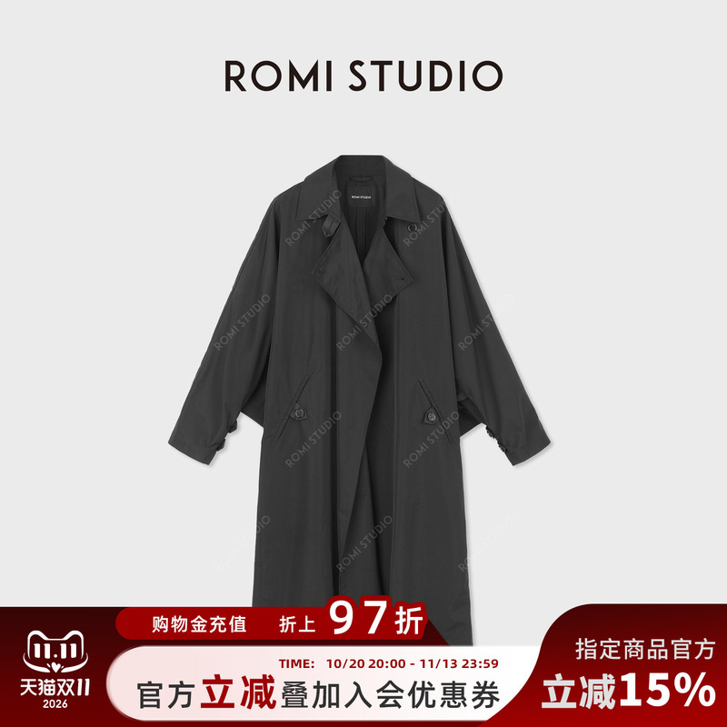 Romi Studio Lightweight Memory Silk Lantern Sleeve Black Loose Long Trench Coat for Women Autumn 431W1054
