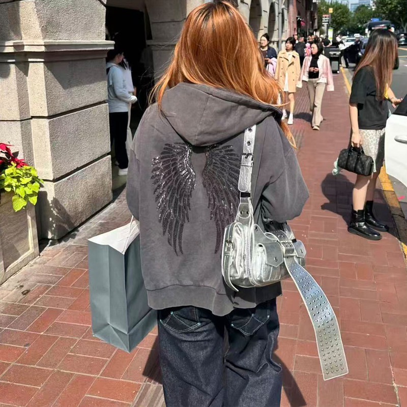 2026 Angel Wings Sequin Hooded Cardigan Sweatshirt for Women, Washed Gray Distressed Loose Top with Zipper Jacket for Autumn