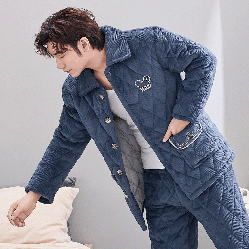 New Men's Pajamas for Autumn and Winter, Thickened and Fleece-Lined, Coral Fleece with Cotton Padding, Three-Layer Thermal Home Wear Set for Young and Middle-Aged Men New Men's Pajamas for Autumn and Winter, Thickened and Fleece-Lined, Coral Fleece with Cotton Padding, Three-Layer Thermal Home Wear Set for Young and Middle-Aged Men