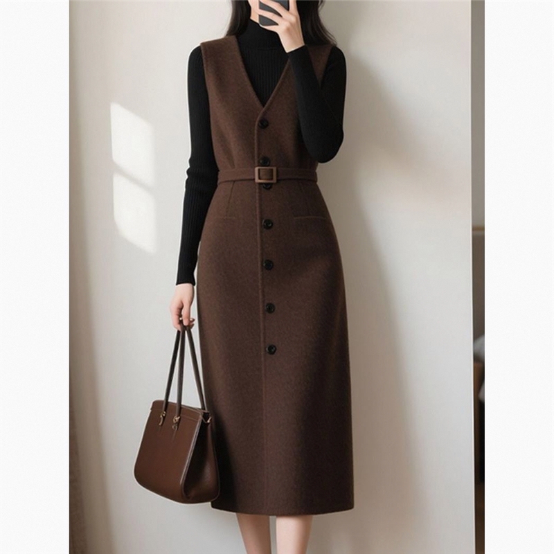 Spring and Autumn Women's New Design Waist-Cinching, Flesh-Covering Vest Dress, French-Style Sleeveless V-Neck Over-The-Knee Vest Dress
