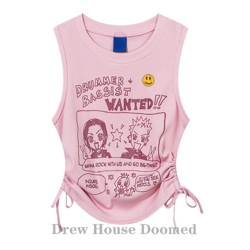 Drew House Doomed Smiley Face Pink Drawstring Sleeveless Tank Top for Women Hot Girl Tight-Fitting Short Top