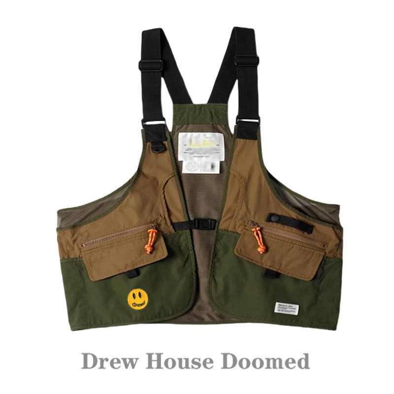 Drew House Doomed Smiley Face Work Vest for Men and Women, Outdoor Multi-Pocket Functional Vest