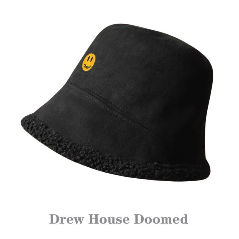 Drew House Doomed Smiling Face Suede Bucket Hat Women's Autumn and Winter Plush Fisherman Hat