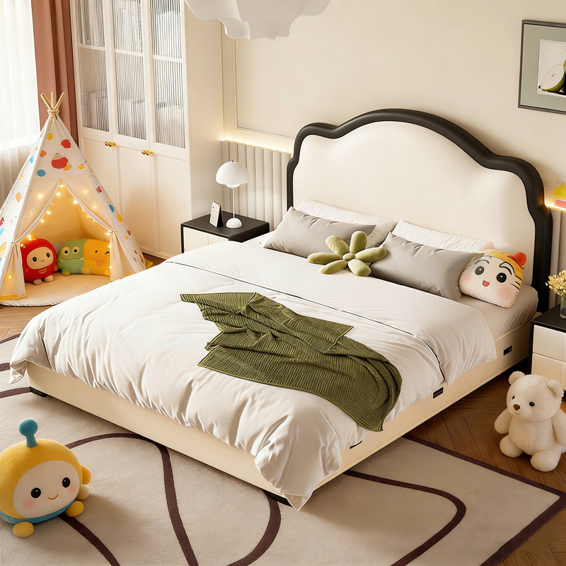 Genuine Leather Bed, Cream Style, Simple Design, Boys' and Children's Bed, Girls' Bed, 1.35m Storage Bed, 1.5m New Model, 1.2m Single Bed