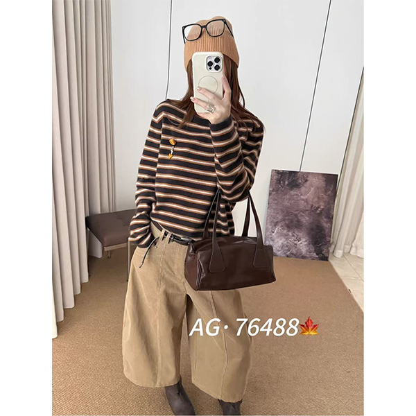 【Coffee Orange Striped Long Sleeve】Loose Fit Slimming Casual Fashion Versatile Knitted Sweater 【Coffee Orange Striped Long Sleeve】Loose Fit Slimming Casual Fashion Versatile Knitted Sweater