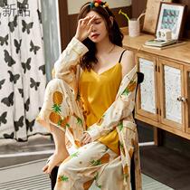 New fat mm pajamas womens three-piece set spring autumn and winter long-sleeved suspenders cotton sexy plus size plus size 200 pounds INS home
