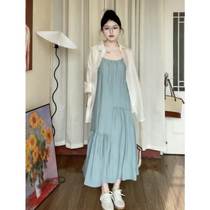 Plus size fat girl pleated texture loose long skirt summer new French lazy holiday style suspender dress