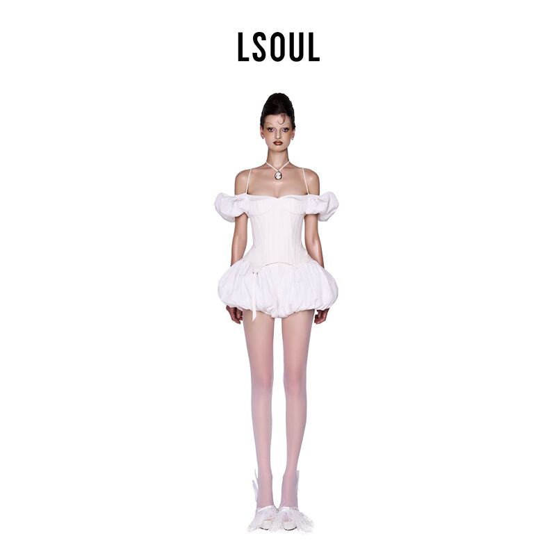 [Same Style as Wang Shengxi] Lsoul White Strapless Dress, Waist-Cinching, Hip-Hugging, Slim-Fitting Short Skirt Pants Doux Fou