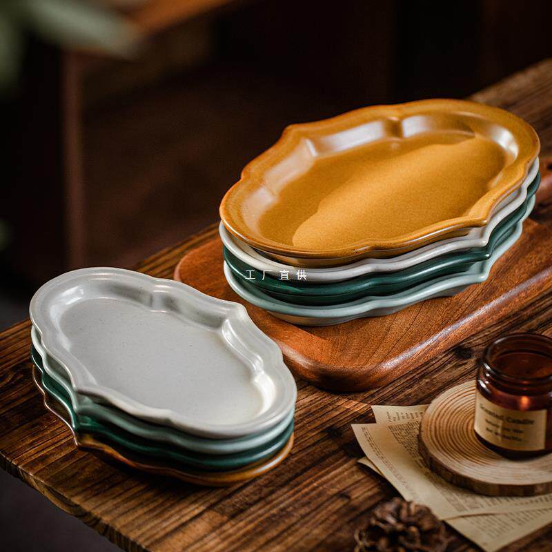 Maki painted gold Jingdezhen coarse pottery retro maple leaf dish household fish plate deep dish microwaveable dishwasher dinner plate