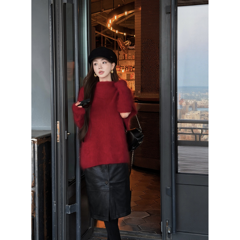 Feng Xinying Cream Embossed Gentle Half-Turtleneck Cashmere Sweater for Women, Autumn Furry Sheep Wool Top with Sleeves