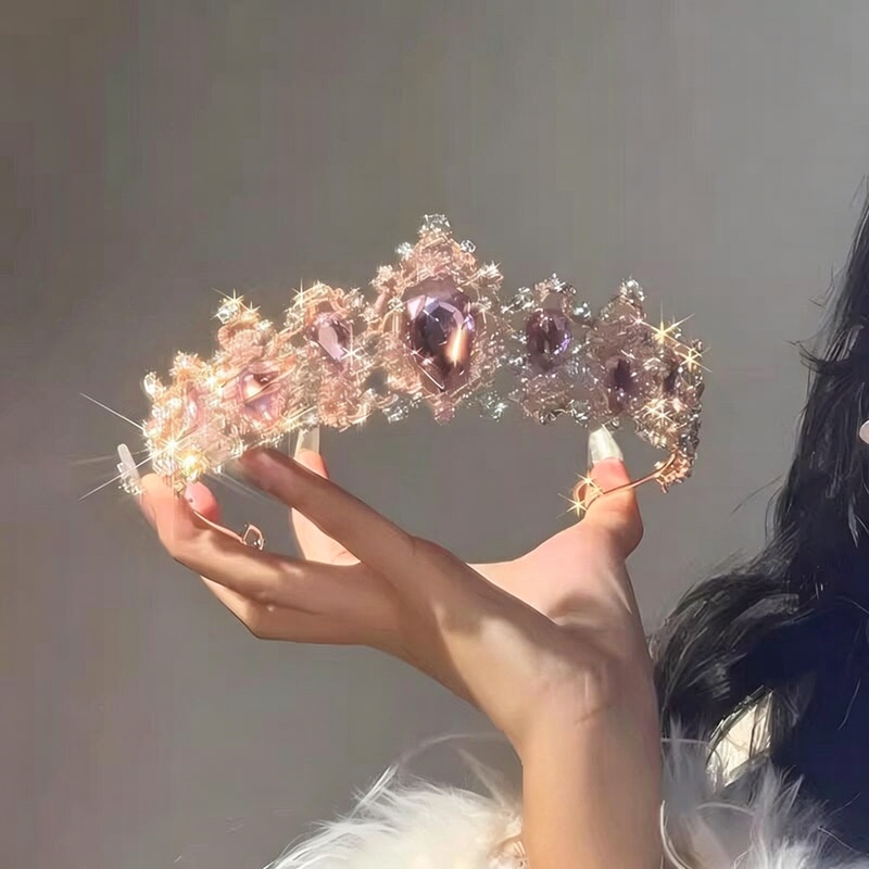 [Crown Yourself] Pink Crown with Sparkling Rhinestones and Gemstones, Palace-Style Tiara, Birthday Photo Prop