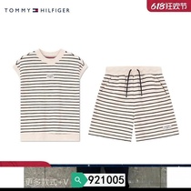 Dingxi more trendy spring and summer vests slub yarn shorts striped childrens clothing womens two-piece set (2273324 Sports