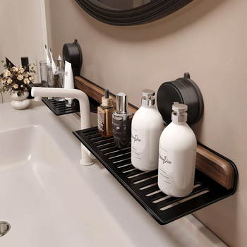 Walnut Suction Cup Faucet Storage Rack Bathroom No-Drill Wall-Mounted Bathroom Sink Mirror Front Storage Shelf