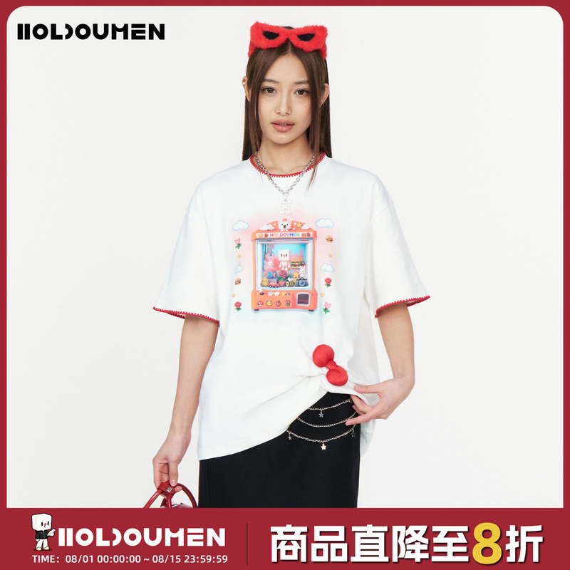 Holdoumen26 Spring and Summer Daily Series Printed Contrasting Color Hemmed T-Shirt Holdoumen26 Spring and Summer Daily Series Printed Contrasting Color Hemmed T-Shirt