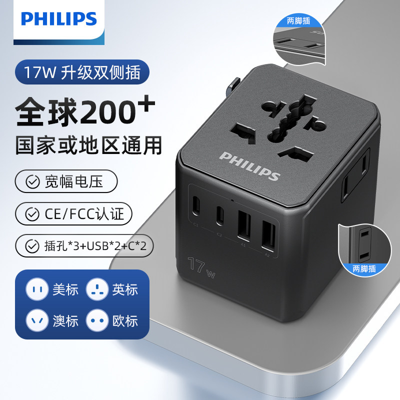フィリップス製グローバルアダプター（複数国対応）：プラグとソケット（香港、英国、EU、韓国、日本）