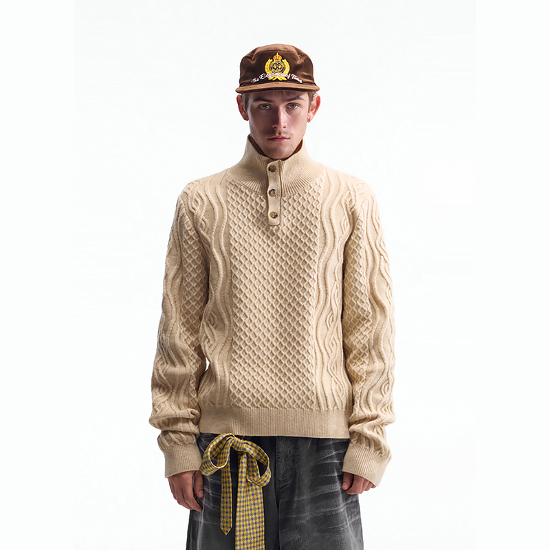 Zhabu Xiao*Apricot-Colored Three-Dimensional Floral Honeycomb Cable Knit Stand Collar Loose Sweater Zhabu Xiao*Apricot-Colored Three-Dimensional Floral Honeycomb Cable Knit Stand Collar Loose Sweater
