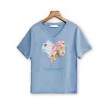 Fat mm large size V-neck short-sleeved T-shirt summer 2024 new Korean style love print loose and versatile slim top for women