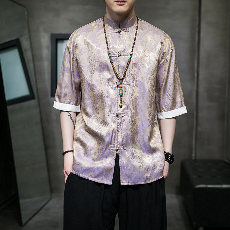 Chinese Style Ice Silk Tang Suit Short-Sleeved Shirt for Men, Summer Thin Retro Loose Hanfu Large Size Five-Quarter Sleeve Shirt Chinese Style Ice Silk Tang Suit Short-Sleeved Shirt for Men, Summer Thin Retro Loose Hanfu Large Size Five-Quarter Sleeve Shirt