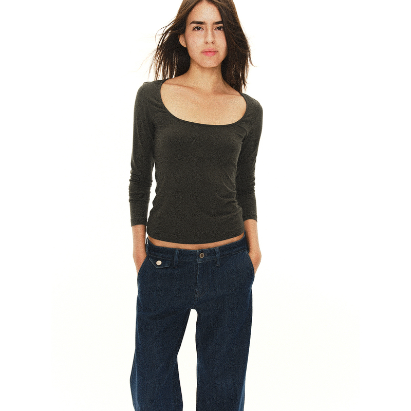 Knitted 22Inhug/Ballet Collar Style Deep U-Neck Long Sleeve Stretch Knit Base Shirt Off-Shoulder Double Collar Style
