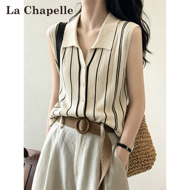 La Chapelle Old Money Style Striped Lapel Sleeveless Shirt for Women, Summer Thin French-Style Elegant Knitted Cardigan Top La Chapelle Old Money Style Striped Lapel Sleeveless Shirt for Women, Summer Thin French-Style Elegant Knitted Cardigan Top