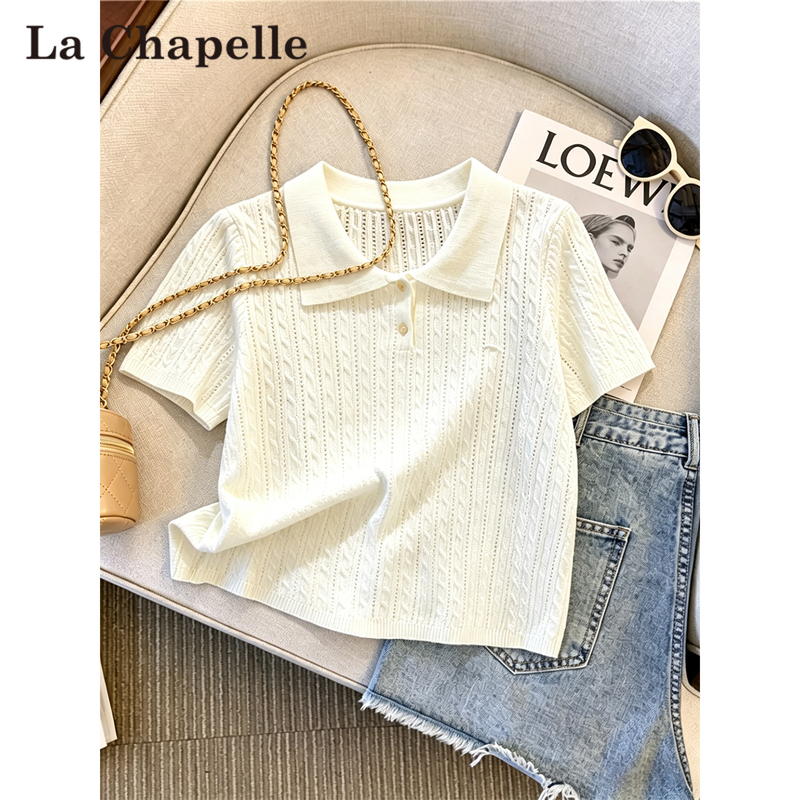 La Chapelle High-End Elegant Lapel Knit Short-Sleeve Women's Summer Thin Textured Hollow-Out T-Shirt Short Top