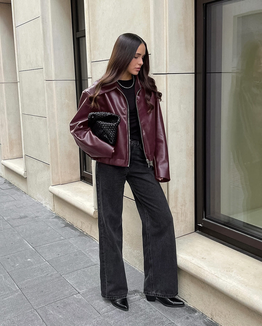 Кожаная куртка 欧美复古机车风酒红色皮衣女时髦哑光皮夹克外套女leather jacket