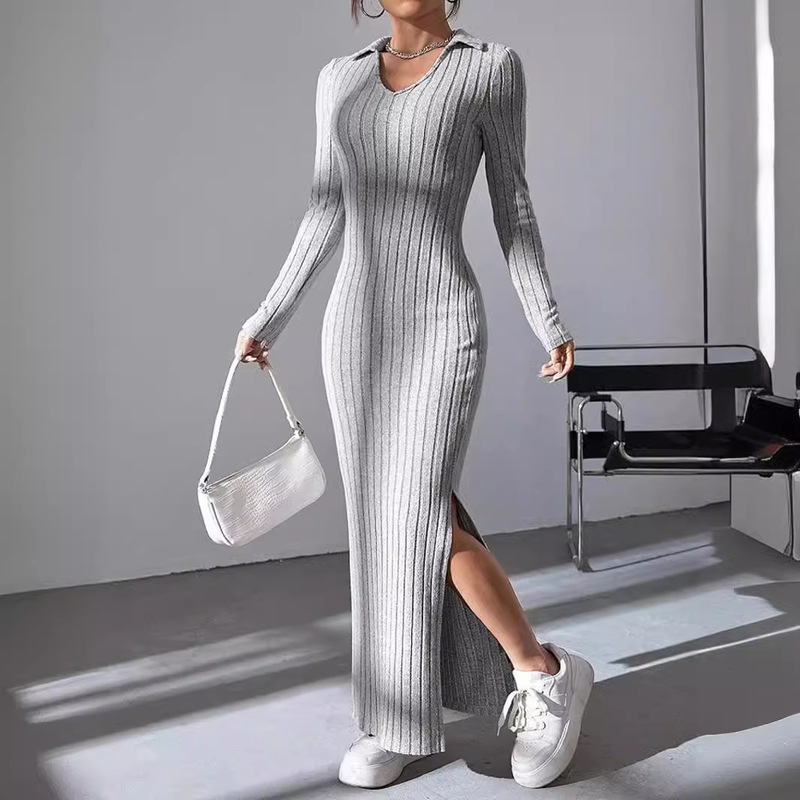 Jersey Dress New Women's Knit Slim Fit Lapel Long Sleeve Dress Solid Color Tight-Fitting Long Dress for Women