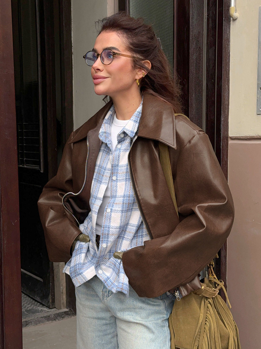 Кожаная куртка 欧美复古机车风酒红色皮衣女时髦哑光皮夹克外套女leather jacket