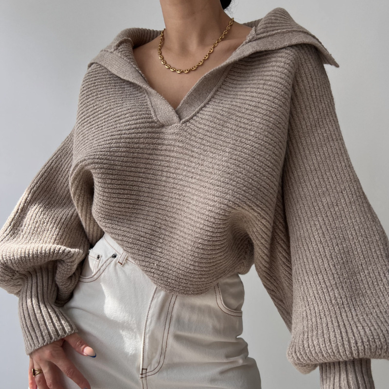 European and American Style Knit Sweater, Casual Loose Lantern Sleeve Open-Neck Pullover Short Sweater