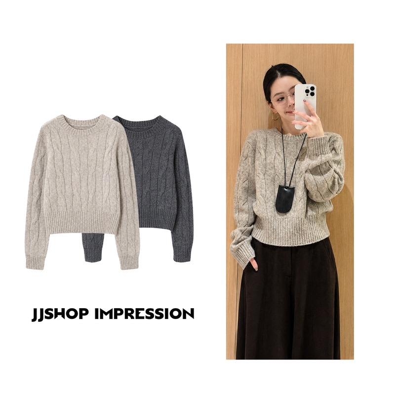 【Yazhi】Jjshop Autumn/Winter Old Money Style Dexin Yarn Wool/Alpaca Blend Cable Knit Sweater