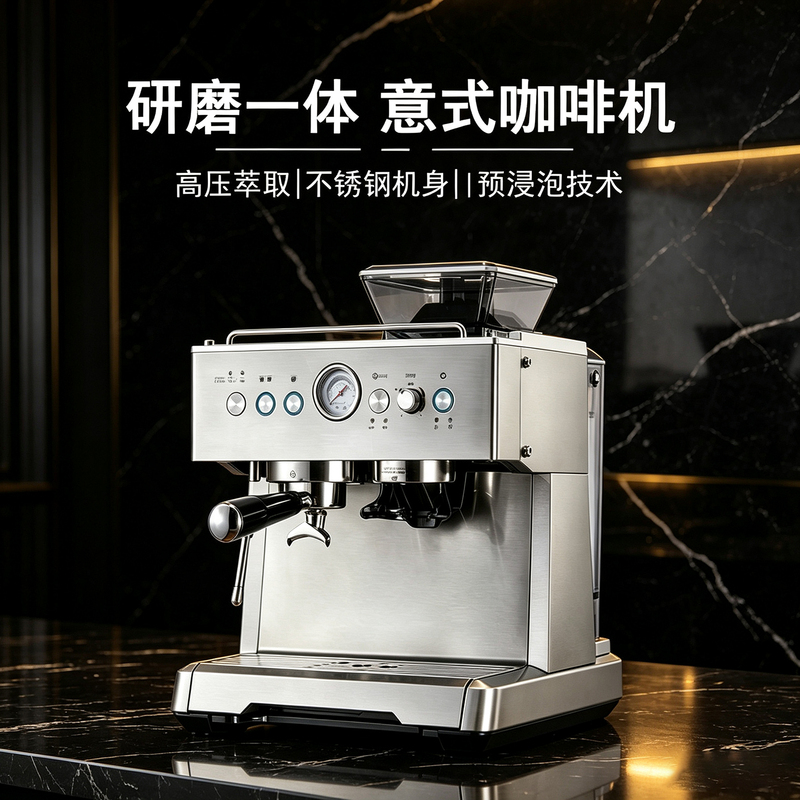 New Semi-Automatic Coffee Machine for Commercial and Home Use with Integrated Grinding and High-Pressure Extraction of Espresso, Imported System New Semi-Automatic Coffee Machine for Commercial and Home Use with Integrated Grinding and High-Pressure Extraction of Espresso, Imported System