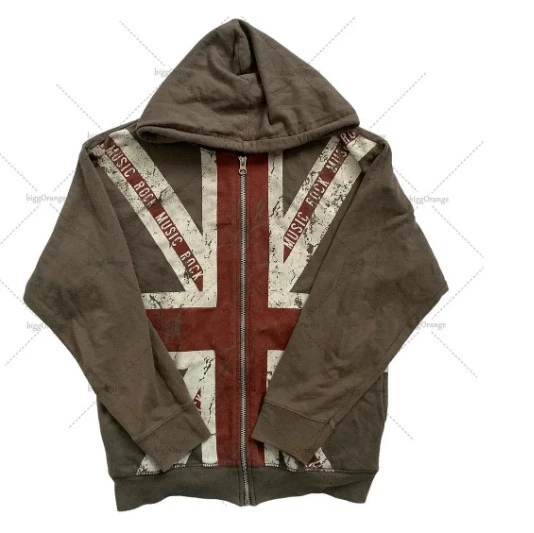Худи на молнии унисекс винтаж UK, коричневое с принтом Union Jack, размеры S–3XL