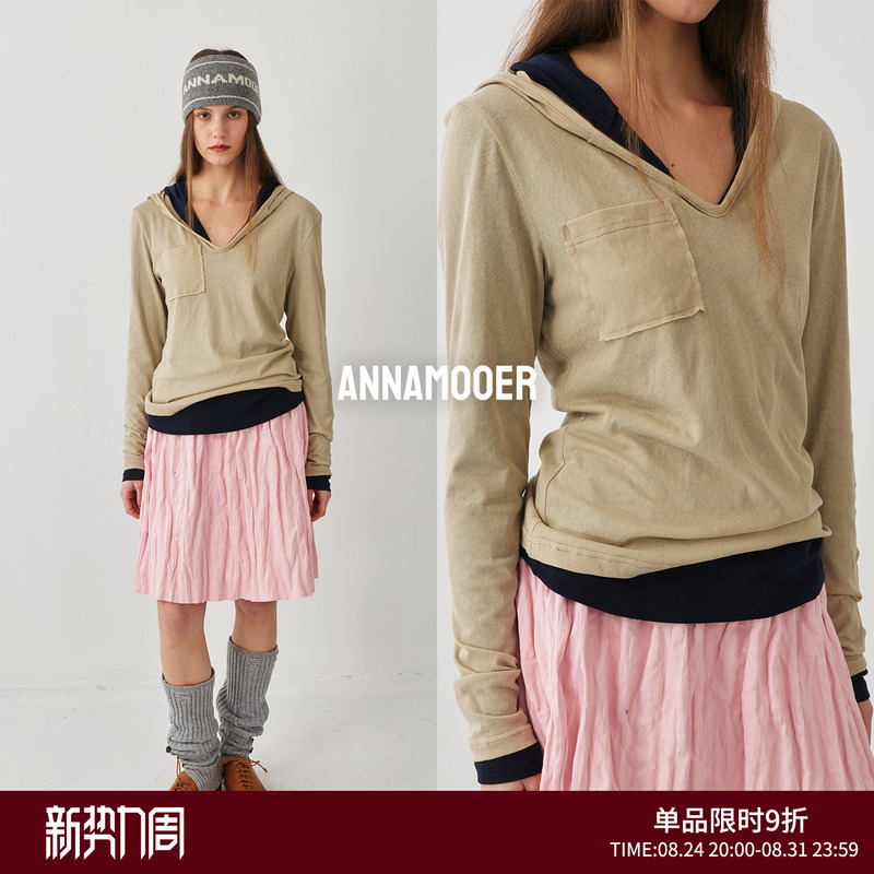Annamooer Hooded V-Neck Long-Sleeved Base T-Shirt White/Khaki/Coffee/Navy Blue/Burgundy