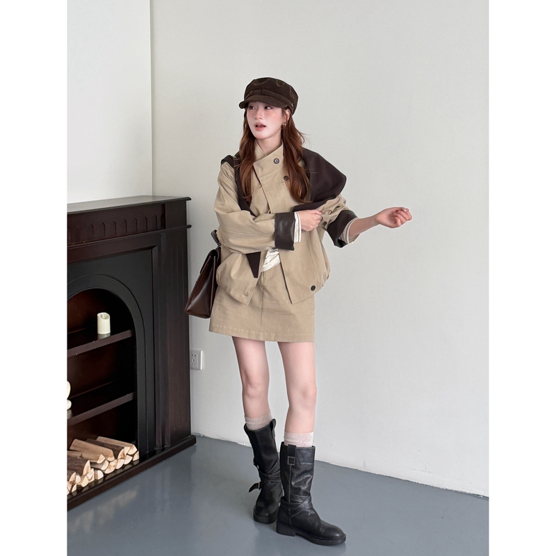 Xianzai【Caramel Warm Brown】Autumn New Workwear Style Windbreaker Short Jacket Short Skirt Shawl Three-Piece Set X0186 Xianzai【Caramel Warm Brown】Autumn New Workwear Style Windbreaker Short Jacket Short Skirt Shawl Three-Piece Set X0186