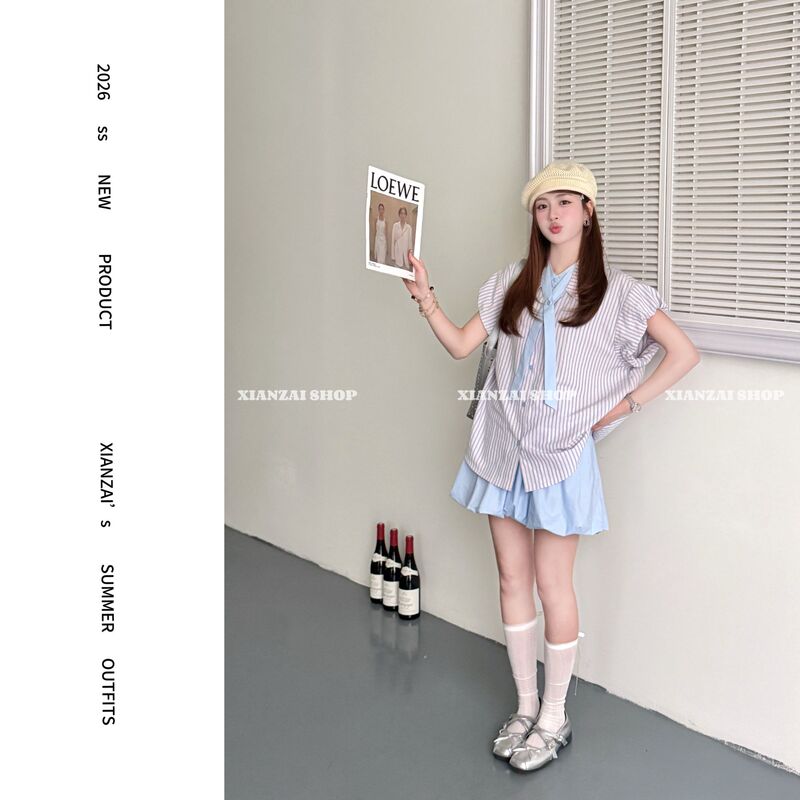 Xianzai【Sea Salt Ice Cream】Summer New Style Detachable Tie Short-Sleeved Shirt and Floral Skirt Three-Piece Set