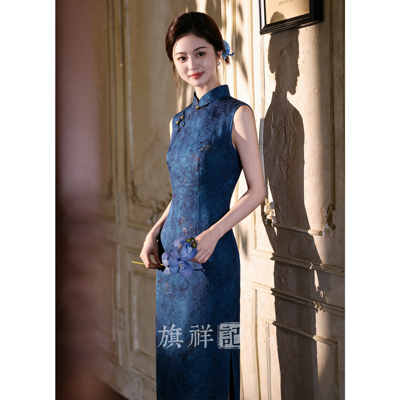 Qixiangji Blue Sleeveless Cheongsam for Women, New Chinese Style, Everyday Wear, Improved Dress, High-End, Elegant, Long Style