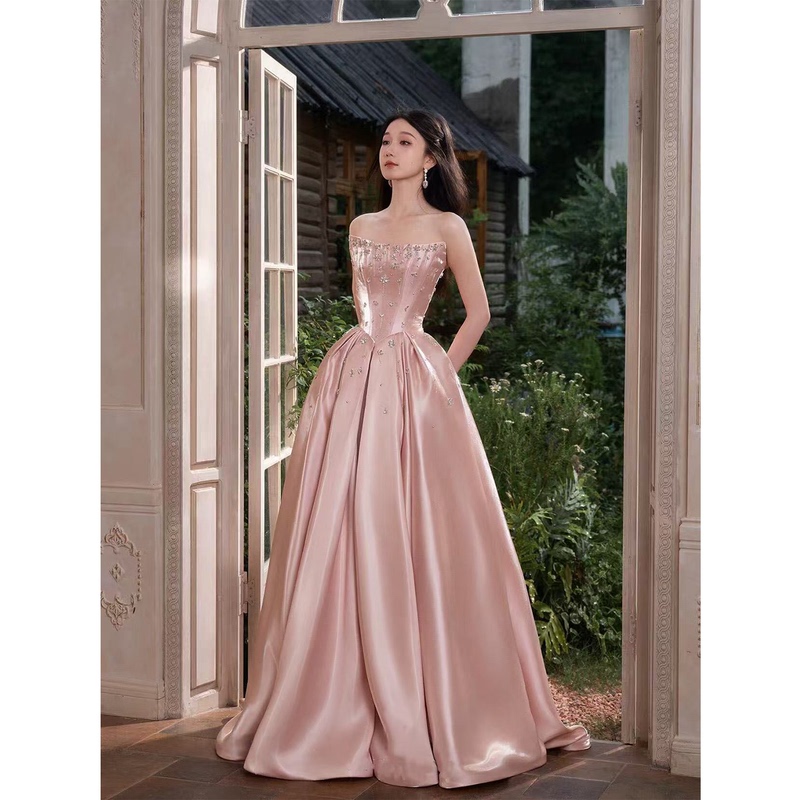 Pink Strapless Host Evening Dress New High-End Light Luxury French Satin Coming-Of-Age Ceremony Bride Engagement Dress for Women Pink Strapless Host Evening Dress New High-End Light Luxury French Satin Coming-Of-Age Ceremony Bride Engagement Dress for Women