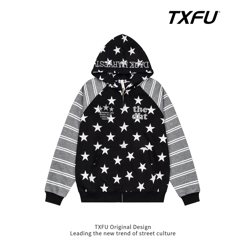 Txfu All-Over Star Print Color-Blocked Striped Hooded Sweatshirt Unisex Design Zipper Jacket Couple Top